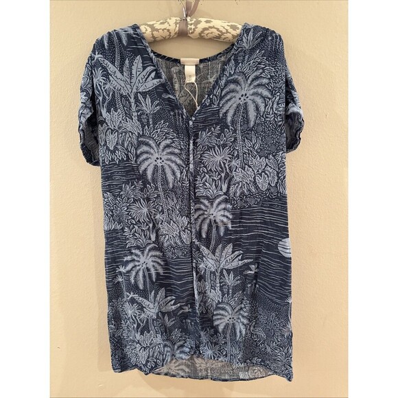 Desmond Dempsey X H&M Linen Blend Dress Caftan Tropical Blue Palm Print Sz S NEW - Picture 1 of 5